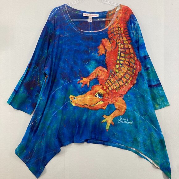 Leoma Lovegrove size XXXL Blue Orange Alligator Print Novelty Art To Wear Tunic - Picture 1 of 9